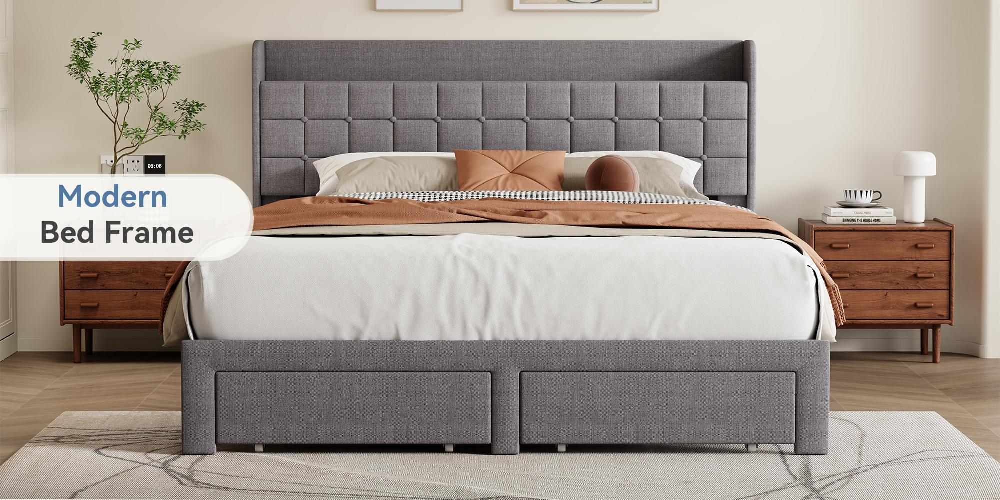 Upholstered Platform Bed Frame with Storage, Full Size Bed Frame with 2 Metal Baskets & Fabric Headboard, Wooden Slats Support, No Box Spring Needed, Easy Assembly, Bedroom Furniture