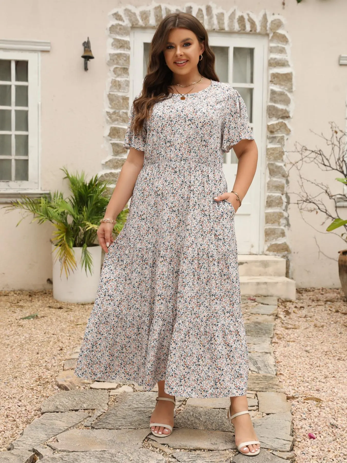 Plus SizeWomen's Ditsy Floral Print Pocket A Line Vintage Dress, Boho Floral Ruffle Clothes, Plus Plus SizeWomen's Ditsy Floral Print Pocket A Line Vintage Dress, Boho Floral Ruffle Clothes, Plus