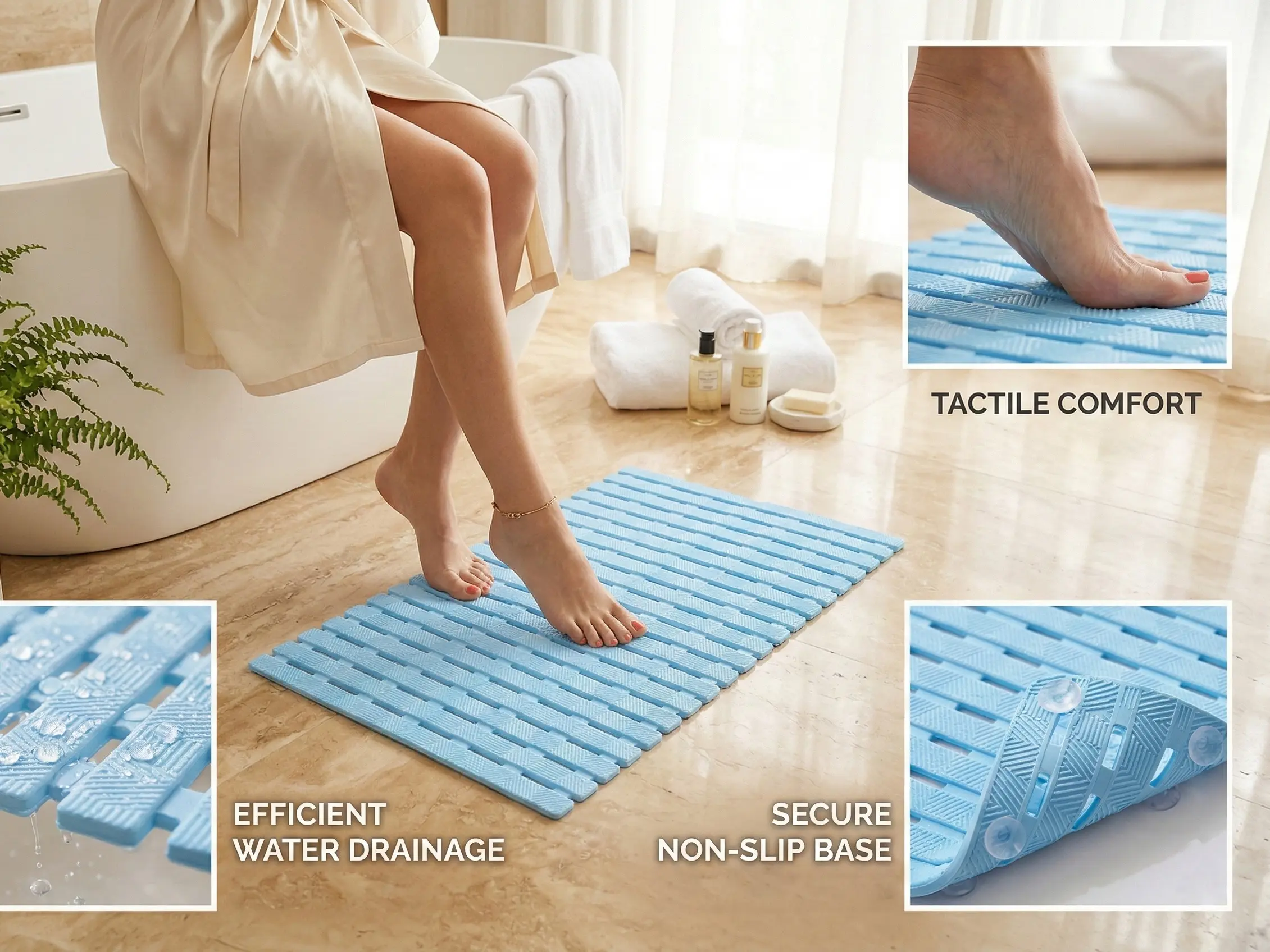 Rubber Bathroom Anti-Slip Mat Adhesive Floor Mat with Secure Non-Slip Base Efficient Water Drainage Available in for Your Choice