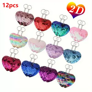 12pcs Sequin Keychains, Glitter Double-Sided Heart-Shaped Key Rings, Sparkling Party Favors, Birthday Supplies, Multi-Colored Accessory(2D)