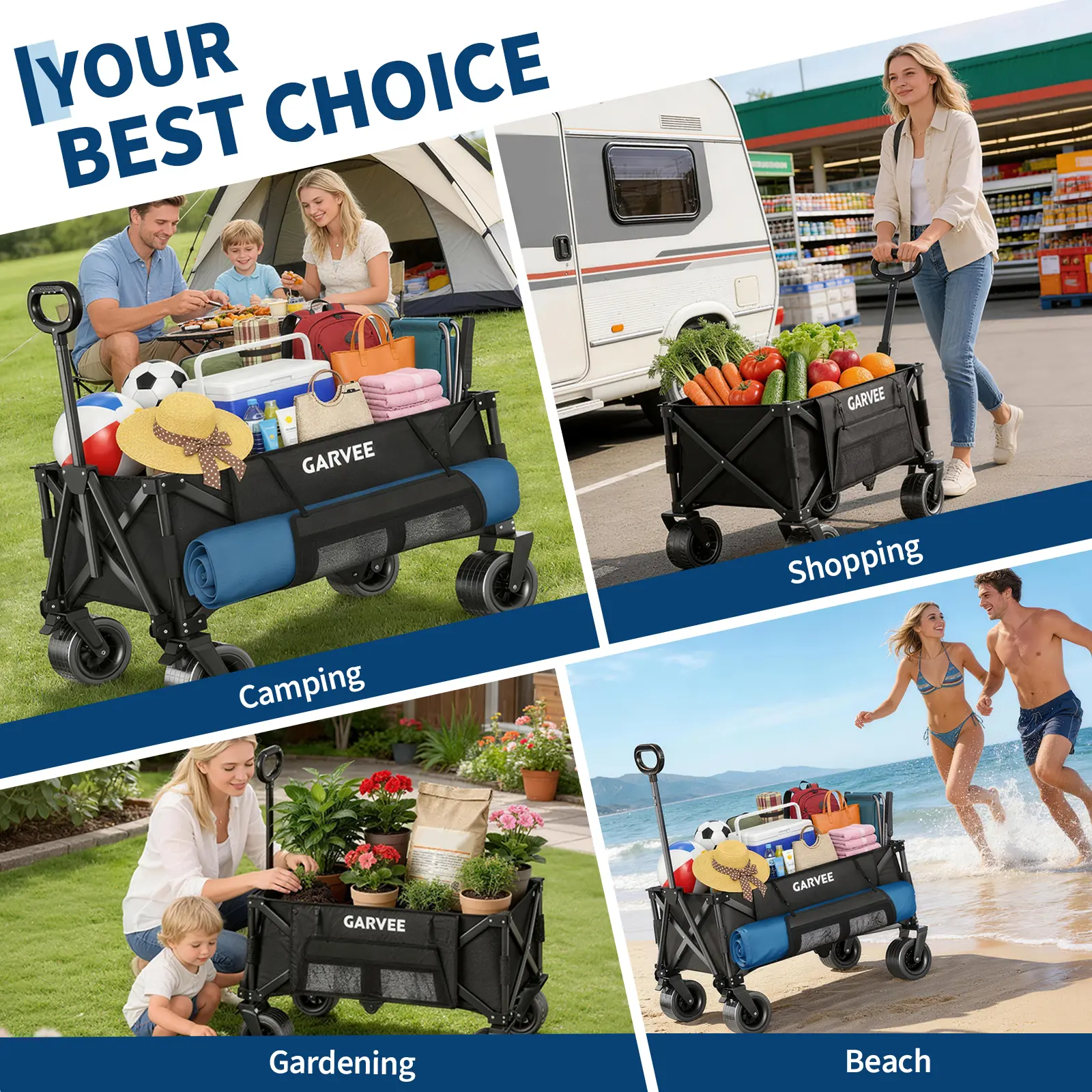 Garvee Heavy Duty Folding Garden Wagon Cart – 200L Capacity, Collapsible Utility Trolley, 209kg Load, 8-Inch Wheels, 2 Cup Holders, Side Storage Pocket – Portable for Camping, Shopping, Picnic, Beach, Outdoor