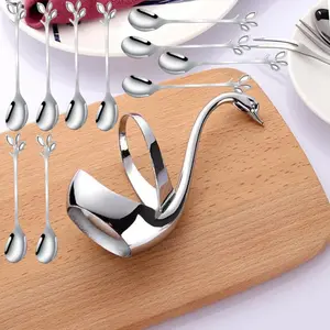 10PCS Metal Coffee Dessert Spoon Set Stainless Steel Creative Dinnerware Fruit Flatware Swan Base Holder Organizer with Spoons Silver Utensils Tea