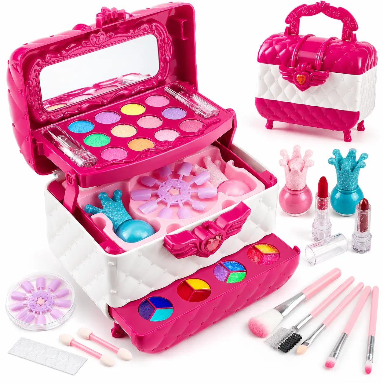 Kids Washable Makeup Set for Girls, Real Cosmetic Toy Makeup Kit with Mirror Carry Case, Lipstick, Nail Polish, Brushes & Beauty Accessories Gift