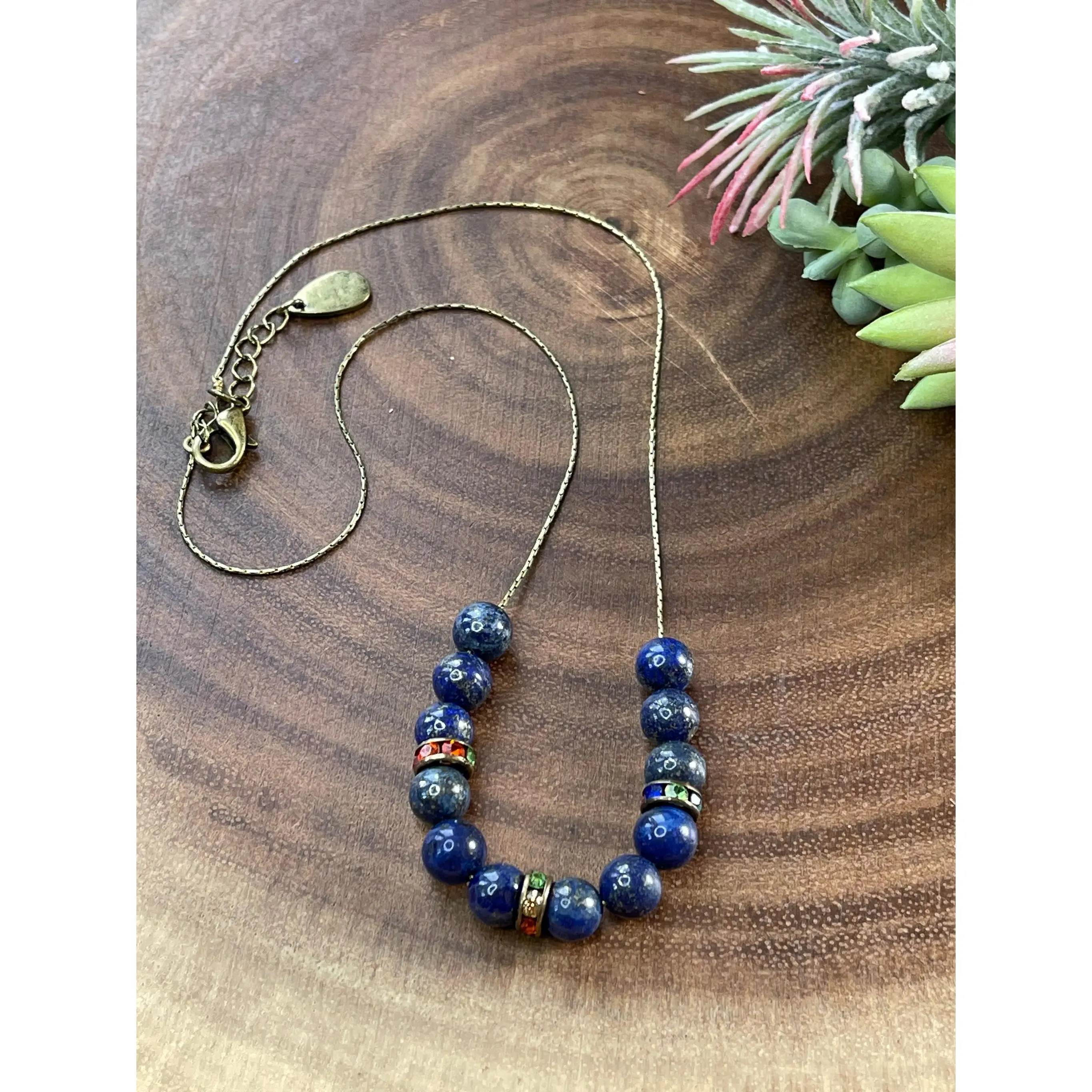 Lapis Lazuli Beaded Necklace - 10 MM Round Lapis Lazuli Beads, Antique Brass Chain, 17.5 Inches with 1.25 Inch Extender, Multi Colored Rhinestone Spacers