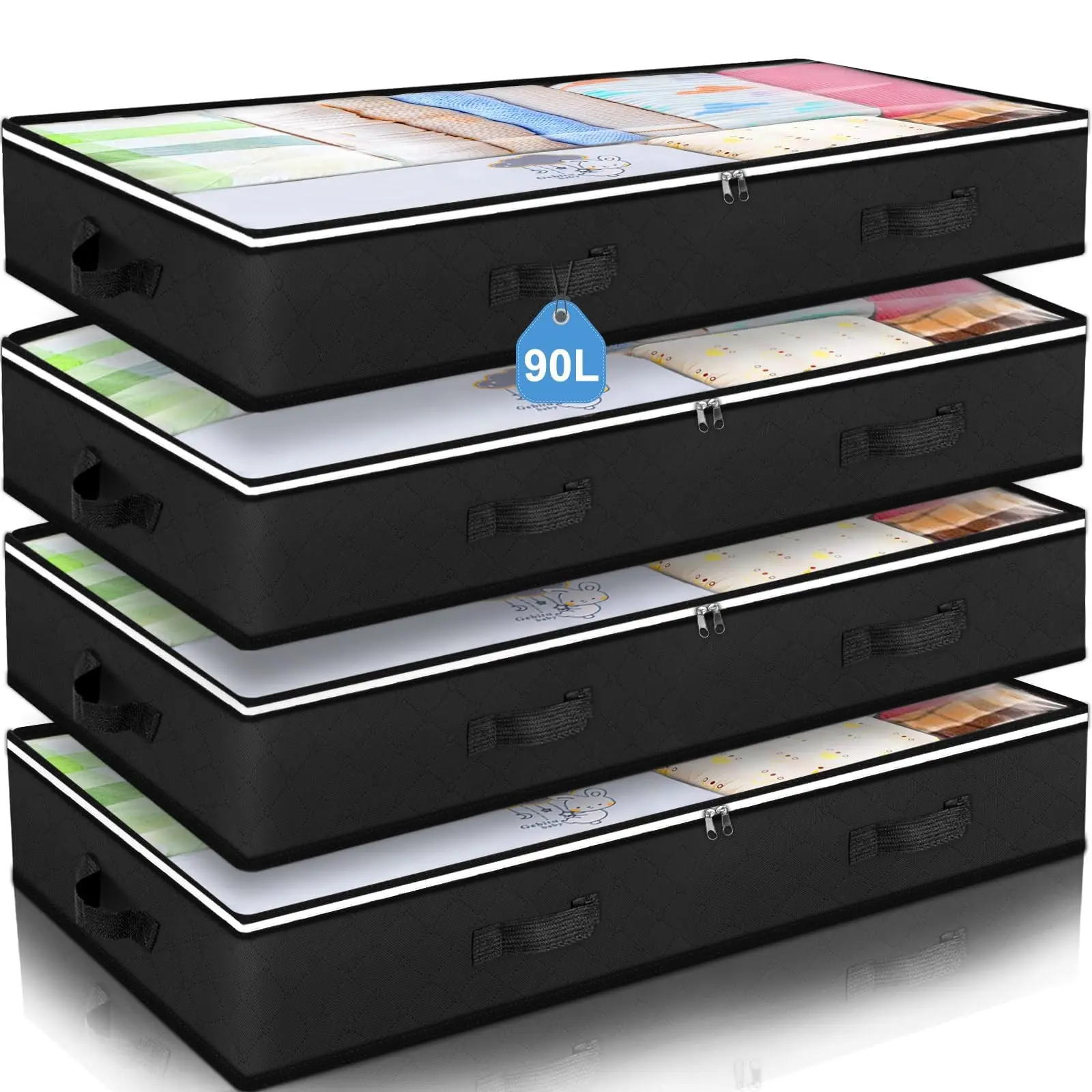 4PCS 90L Under Bed Storage Containers with Zip Closure Foldable Closet Organizers for Blankets Towels Comforter Sweaters Pillows Linen Sheets Wrapping Paper Black