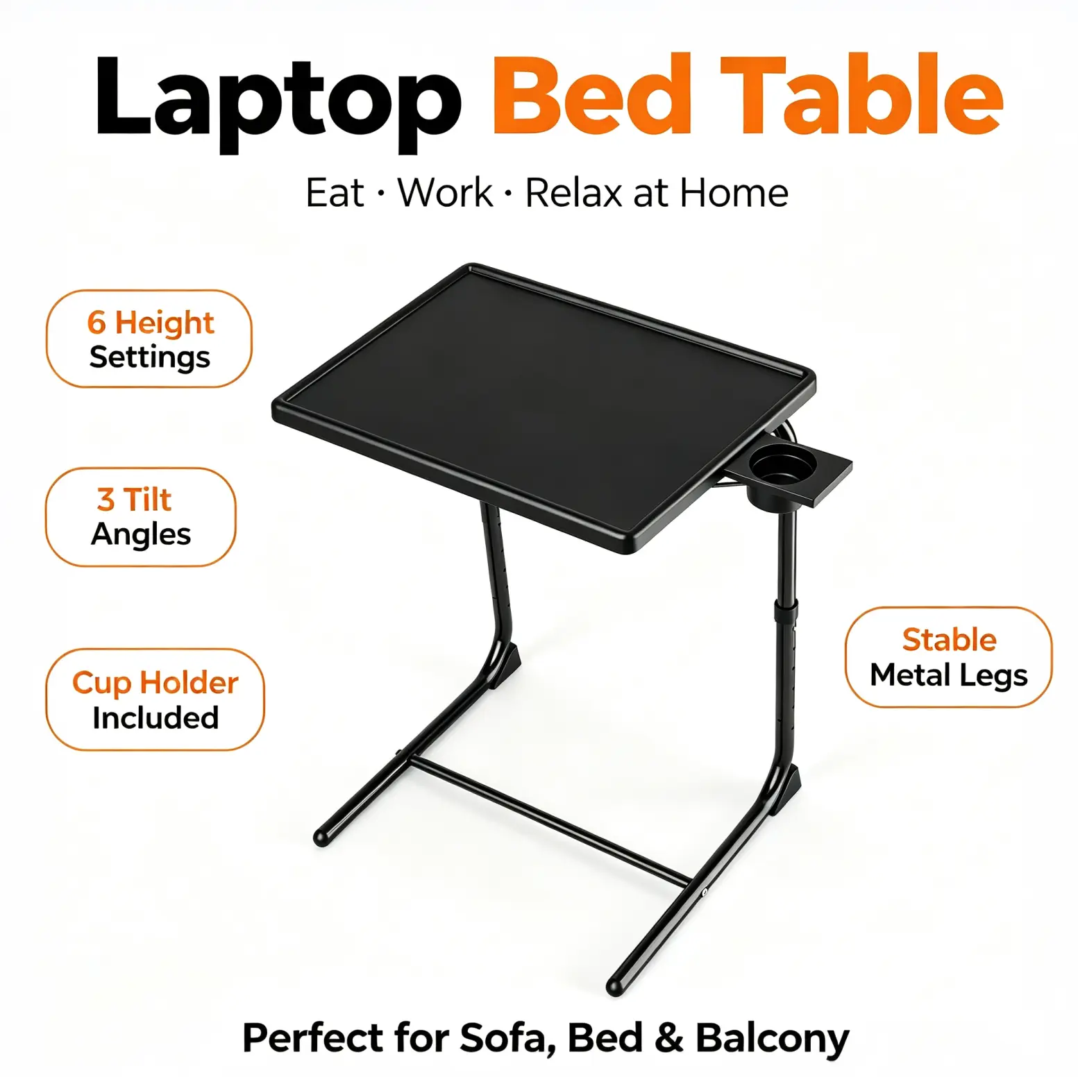 Adjustable Foldable TV Tray Table - Laptop Bed Desk with Cup Holder, 6-Level Height, 3 Tilt Angles, Heavy-Duty Stable Metal Legs, 40 Lbs Max Load, Portable Indoor Side Table for Bed, Sofa Use