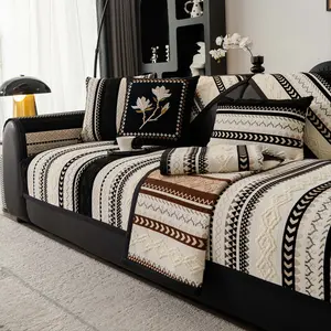 Boho Sofa Cover, 1 PC Black White Geometric Couch Seat Pad, Thick Woven Non-Slip Sofa Mat, Universal Sofa Protector, Pet-Friendly Washable Couch Protector for Sectional Loveseat Living Room Decor, Washable Sofa Slipcover