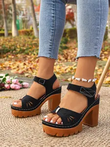 Women's Retro Open Toe Chunky Heel Sandals, Thick Sole Woven Strap High Heels, Roman Style Casual Shoes for Women, Adjustable Strap Sandals