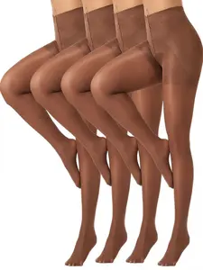 40D Nylon Spandex Control Top Pantyhose – Run Resistant, Light Support, High Waist (4 Pair Pack) Casual Outfit Womenswear Brown