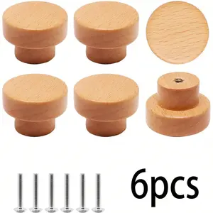Wooden Cabinet Drawer Handles, Solid Walnut Wood, 6 Pcs Set, Single Hole Round Head, Includes Screws, Kitchen & Wardrobe Hardware