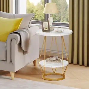 Double Tiered Modern Round Coffee Side Table with Faux Marble Top, White and Gold