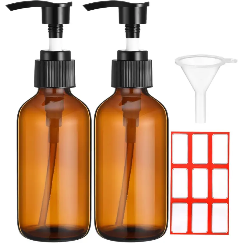 Fumete 2-Pack 4oz Amber Glass Pump Bottle Set, Empty Refillable Liquid Containers with Black Tops, 1 Label & 1 Funnel for Essential Oils, Travel & Home Storage Needs