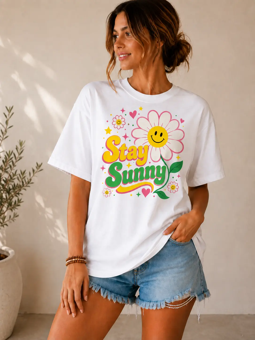 Women's Lightweight Short-Sleeve Fitted Round Neck T-Shirt - Daisy Smiling Face Graphic, Cute Casual Wear Top for Summer Positive Vibes, Lightweight Short Sleeve Women's T-Shirts, Short-Sleeve Fitted Women's T-Shirts