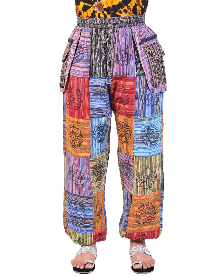 Caravan Closet Women's Square Patched Hand-Printed Casual Comfy Joggers - Ethically Made, Bohemian Trend, Loose-Fitting, Artistic Flair Pants