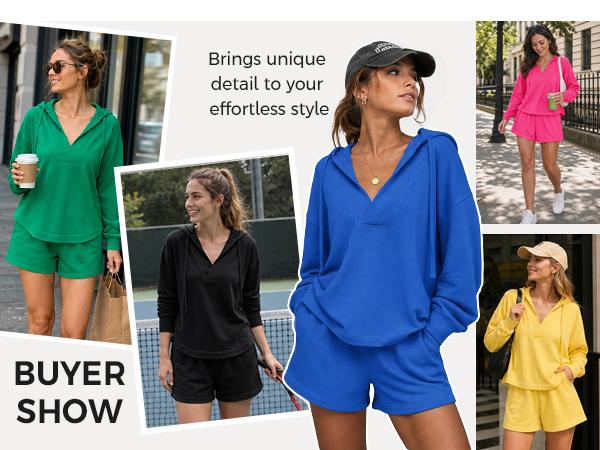Fisoew Womens 2 Piece Lounge Matching Sets Hoodies and Shorts Sweatsuits | Long Sleeve, V Neck, Two Piece, Oversized, Pullover Sweatshirts, Tracksuit, Active, Athleisure, Fall Outfit, Travel Vacation