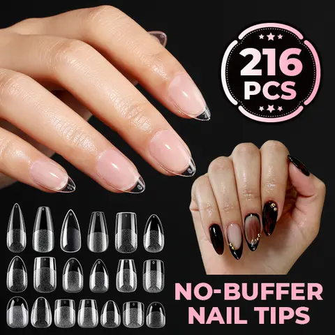 UNA GELLA 216PCS Soft Gel Full Cover Nail Tips - 12 Sizes, Pre-Etched Pre-Build Fake Acrylics, Short Almond & Long Styles (Square, Coffin, Stiletto, Round), Fits Flat & C-Curve Beds, Soak-Off Beauty Products for DIY Manicure Nail Extensions