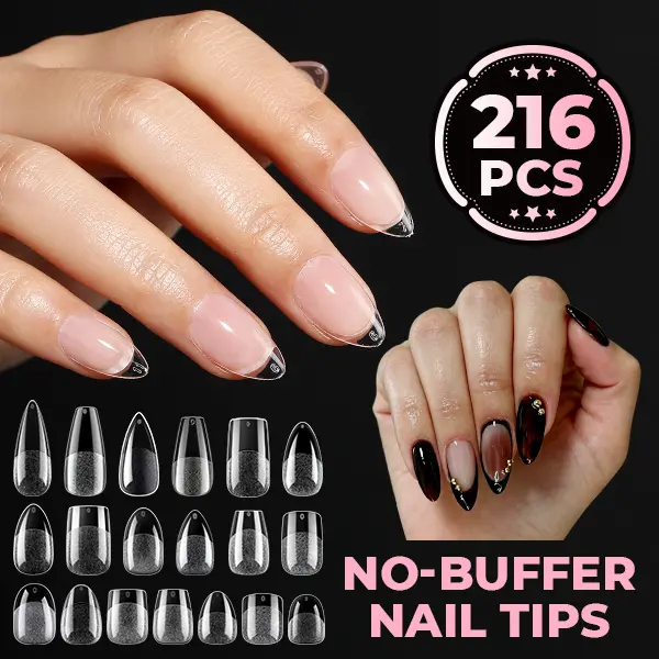UNA GELLA 216PCS Soft Gel Full Cover Nail Tips - 12 Sizes, Pre-Etched Pre-Build Fake Acrylics, Short Almond & Long Styles (Square, Coffin, Stiletto, Round), Fits Flat & C-Curve Beds, Soak-Off Beauty Products for DIY Manicure Nail Extensions