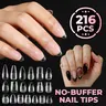 UNA GELLA 216PCS Soft Gel Full Cover Nail Tips - 12 Sizes, Pre-Etched Pre-Build Fake Acrylics, Short Almond & Long Styles (Square, Coffin, Stiletto, Round), Fits Flat & C-Curve Beds, Soak-Off Beauty Products for DIY Manicure Nail Extensions