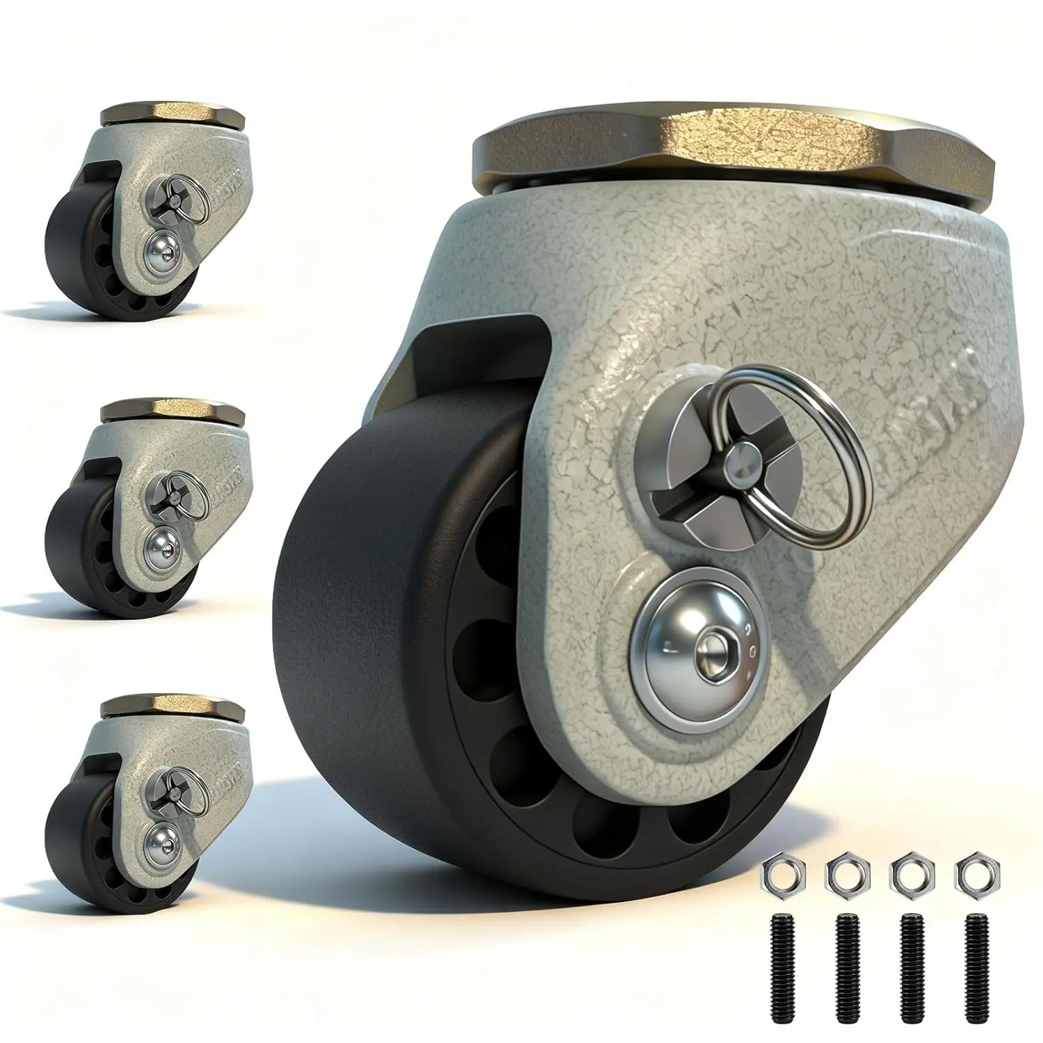 LSWHEE 2 Inch Leveling Casters Set of 4 – 4000 LBS Heavy Duty Low Profile Threaded Stem Casters, M12 x 35mm, Rust-Resistant Nylon Wheels with Locking Pin Brake for Workbench, Machinery & Industrial Equipment