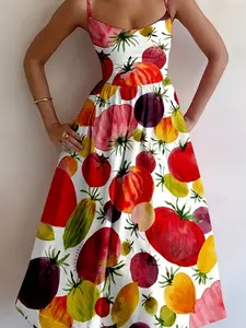 Stretch Midi Sundress with Big Watercolor Tomatoes, Cute Cottagecore Summer, Loose-Fitting All over Print Dress, Fits Tts