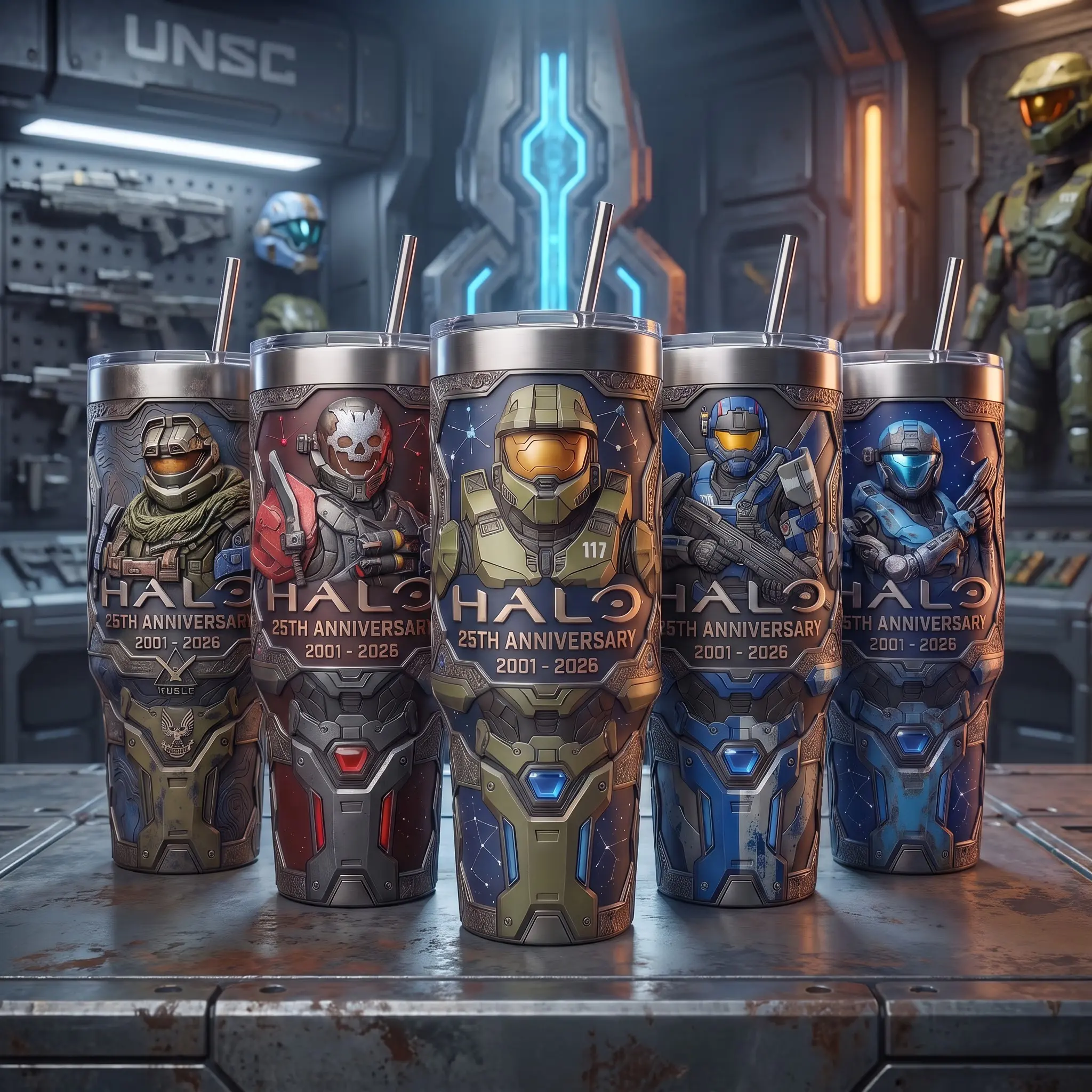COLLECTION Halo 25th Anniversary 2001-2026 40 oz Tumbler Set, Master Chief Carter Catherine Jun Emile Halo Reach Noble Team Spartan Sci-Fi Video Game Vacuum Insulated Travel Coffee Mug, UNSC Spartans Car Cup, Unique Merch Accessory Halo Gaming Fans