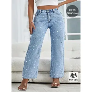 Women’s Plus Size Pearl-Embellished Denim Straight-Leg Jeans, Trendy Fashion Style, High-Quality Fabric, Comfortable Fit, Perfect for Everyday Wear