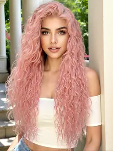 28 Inch Pink Long Curly Wigs for Women, Gorgeous Fluffy Wigs without Bangs, Synthetic Lace Front Wigs for Party, Daily Use, Fashion Fluffy Wigs