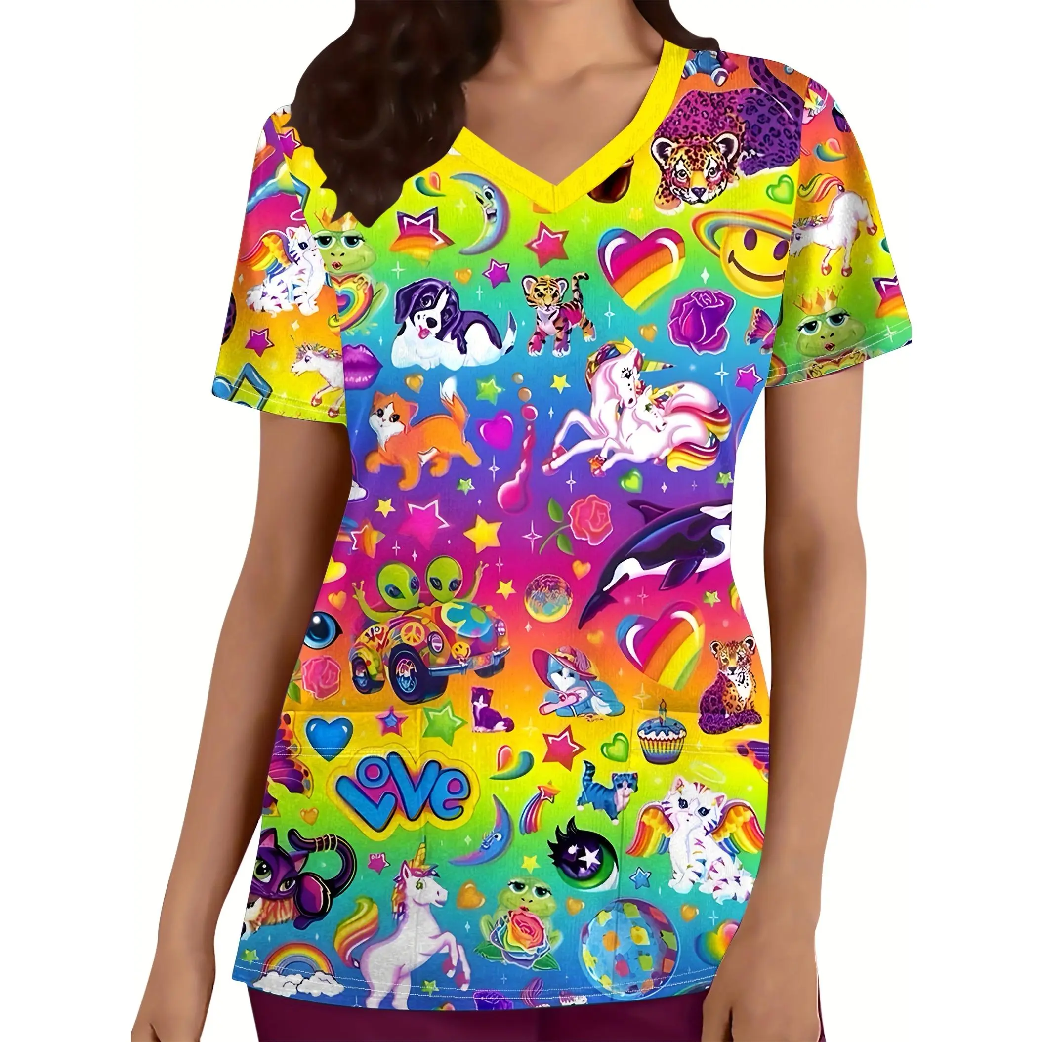 Women's Vibrant Mixed Color Unicorn Cartoon Print V-Neck Short-Sleeve Polyester Scrub Top - Machine Washable Nurse Uniforms, Patch Pockets, No Chest Pocket Workwear