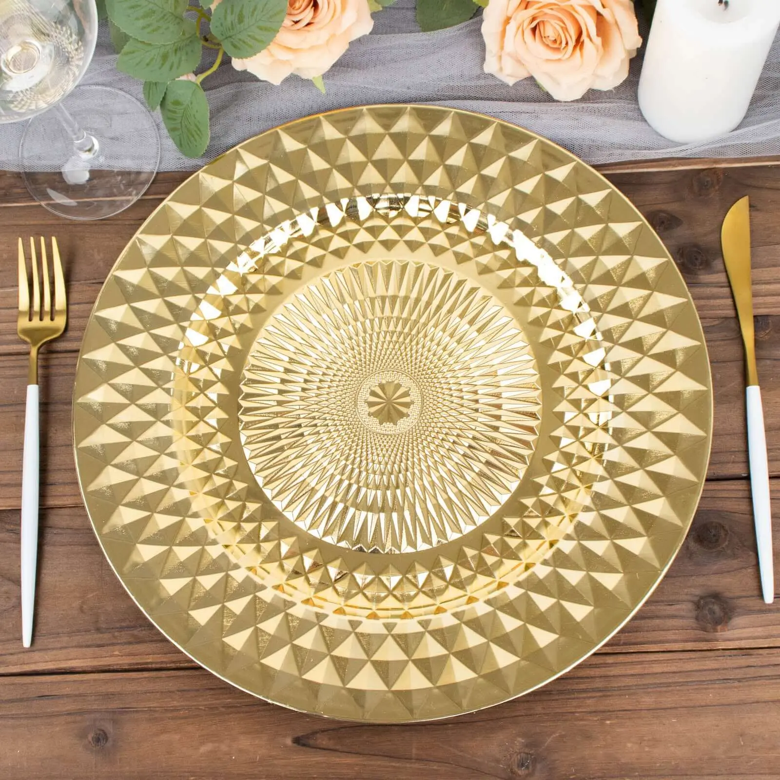 13" Gold Diamond Pattern Elegant Plastic Charger Plates, 6-Pack Disposable Sparkling Kitchen & Tableware Charger Plates, Elegant Plastic Plates