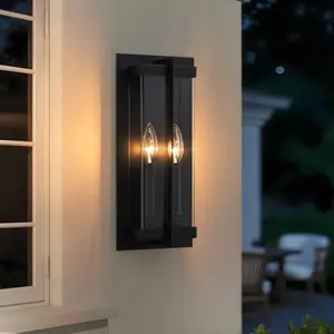Modern Outdoor Wall Lights, Black Exterior Porch Lighting Fixtures Wall Mount with Acrylic Glass, Outside Patio Wall Sconce with 2-Light Candelabra for House, E12 Base