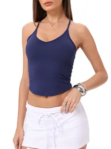 Danysu Double-Layer Padded Racerback Stretchy Crop Tank Tops V Neck Slim Fitted Tee Workout Gym Yoga Y2K Going Out Camisole Short