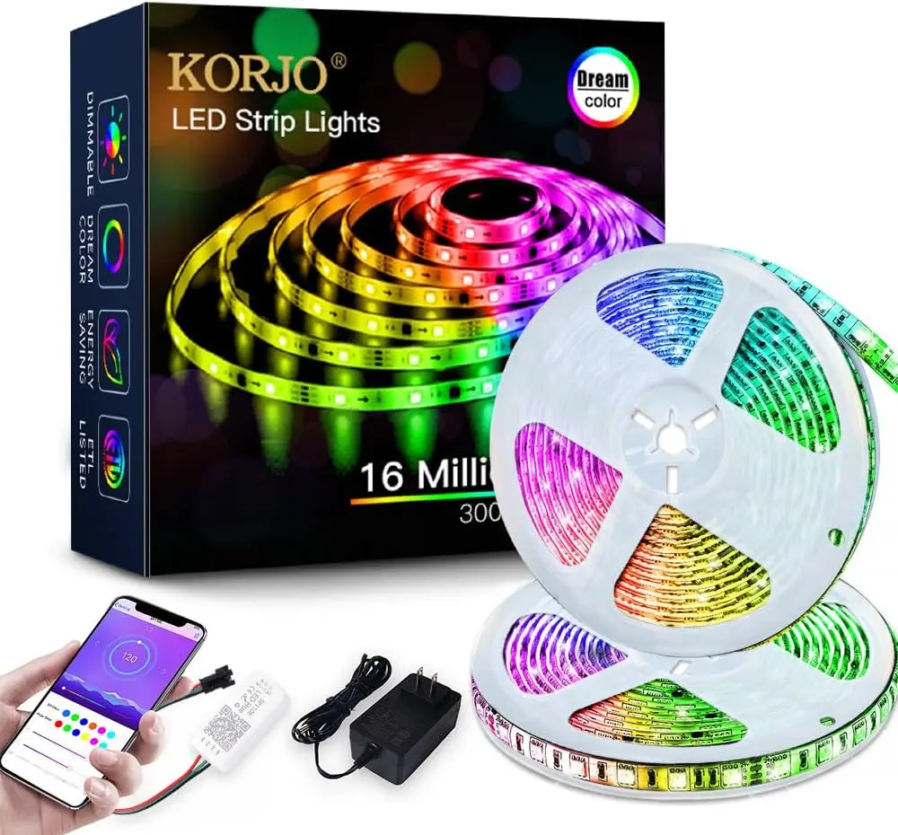KORJO LED Strip Lights with APP, Dream Color 32.8ft LED Lights with Multicolor Chasing, Safe and Low-heat, Flexible and Decorative, Flexible LED Strip Lighting for Home Kitchen