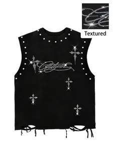 Men's Sleeveless Short Tank Top, Loose Fit, Raw Hem, Rivet Wide Shoulder Design, Letter Cross Embroidery, Casual Streetwear, Sleeveless Tank Tops