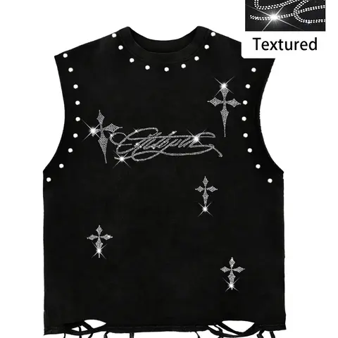 Men's Sleeveless Short Tank Top, Loose Fit, Raw Hem, Rivet Wide Shoulder Design, Letter Cross Embroidery, Casual Streetwear, Graphic, Menswear, Casual Tank Tops