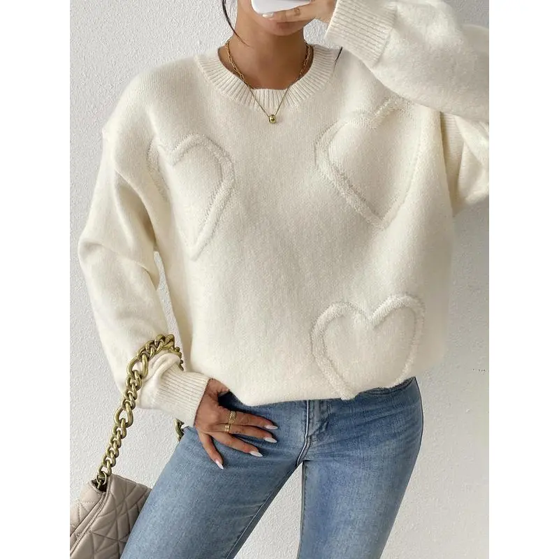 Women's Heart Pattern Sweater, Loose Fit Long Sleeve Casual Knit Top, Fall & Winter Round Neck Pullover, Valentine's Day Oversized Style