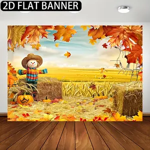 2D Flat Banner Autumn Harvest Thanksgiving Backdrop with Pumpkin Hay Bales & Maple Leaves Design for Photo Booths Birthday Parties & Portrait Studios Versatile Polyester Banner Decoration - Ornaments Hanging