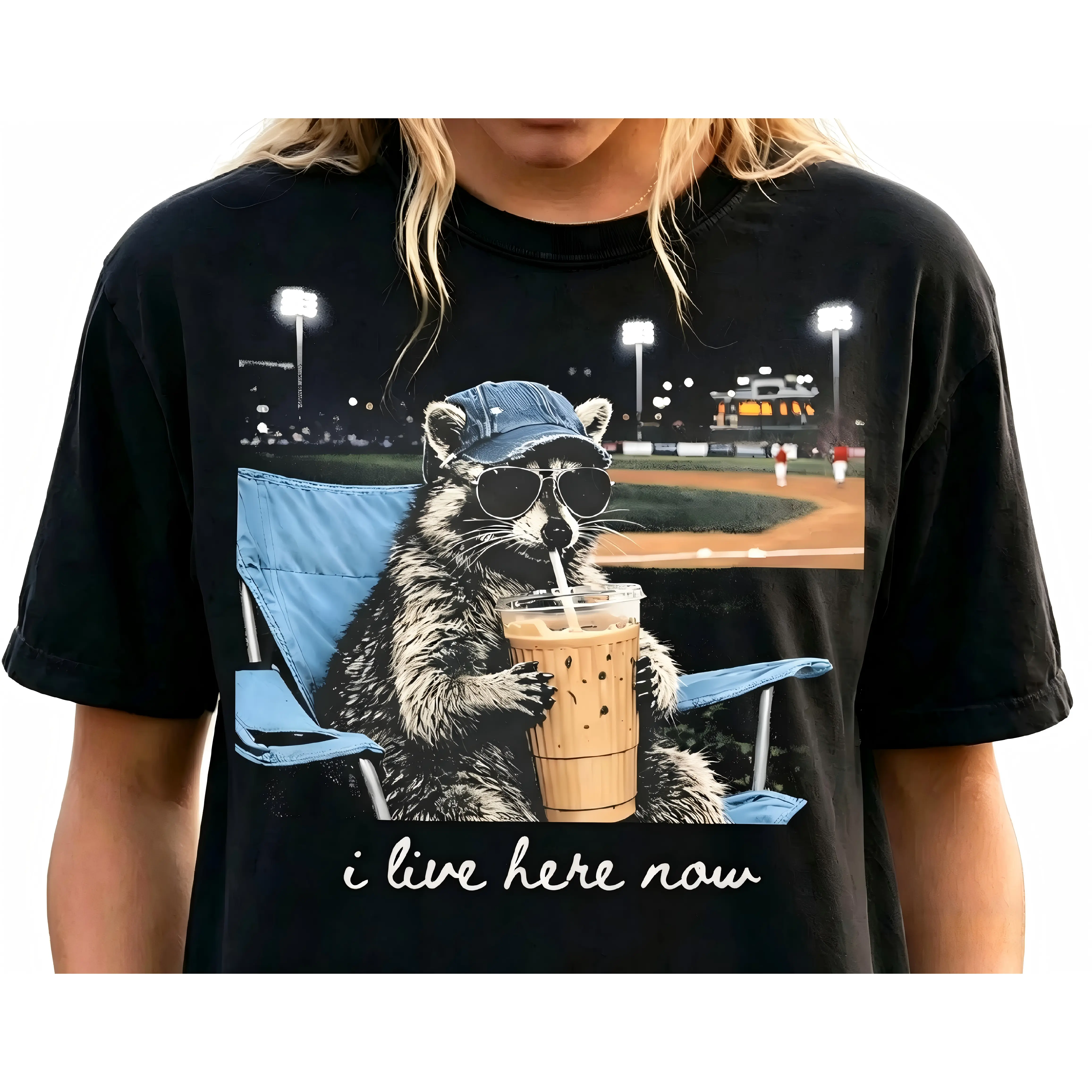 Women's Short-Sleeve Round Neck Ribbed Varsity Raccoon Cartoon Sports Tee - Funny Ballfield Style, Baseball Mama Softball Clipart Top, Casual Sports Wear for Tournaments Travel