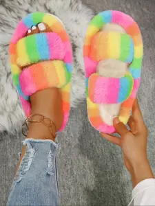 Women's Plush Fluffy Rainbow Rubber Slippers, Warm Winter Bedroom Indoor Shoes, Comfortable Soft Fashion Home Footwear, Cozy House Slippers for Women
