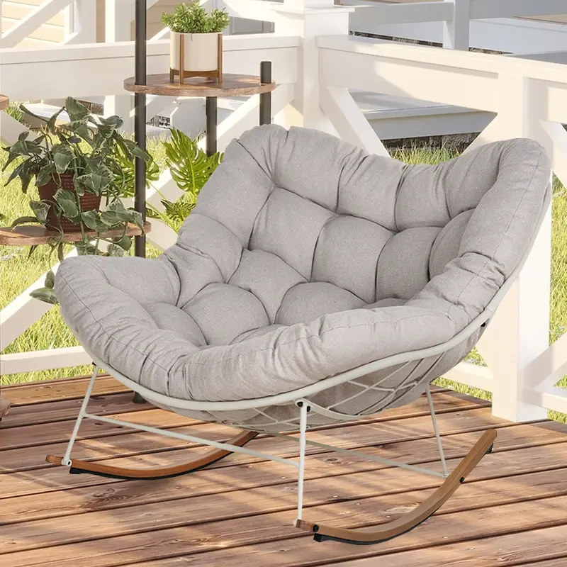 Indoor Outdoor Rocking Lounge Chair with Overstuffed Cushion, 30° Gentle Rocking Steel Frame Rocker for Porch, Patio, Garden and Backyard