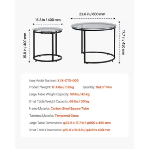 VEVOR Nesting Coffee Table Set of 2, 23.6 in Round Coffee Table, Glass Nesting Tables for Small Place, Modern End Side Tables Night Stand with Metal Frame, for Living Room, Bedroom, Balcony, Office