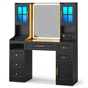 Sikaic LED Makeup Vanity with Mirror Charging Station Black Furniture Dresser