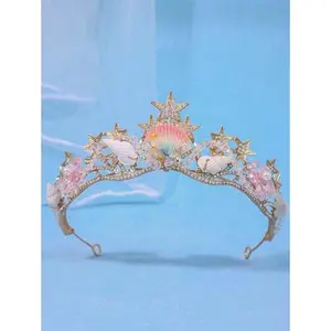 1pc Crystal Princess Crown, Sea Shell, Star, Iridescent Fish Tail Hair Hoop, Performance/Birthday Gift Headband