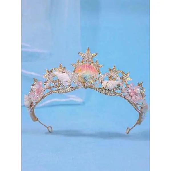 1pc Crystal Princess Crown, Sea Shell, Star, Iridescent Fish Tail Hair Hoop, Performance/Birthday Gift Headband