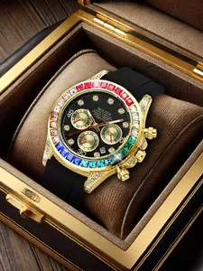 Men's Business Fashion Rhinestone Decorated Analog Quartz Watch, Fashion Watch for Party, Daily Clothing Decor, Trendy All-match & Exquisite Watch for Birthday Gift with Box, Stylish Watch, Rhinestone Watches