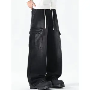 New Fashion Denim Cargo Pants with Large Pockets, Elastic Waist Drawstring Loose Fit Straight Leg High Street Style Menswear