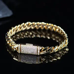 GlimmerQHandcrafted No 14K Gold-Plated Cuban Bracelet With Cz Stones Lock,8.3" Long And 10mm Wideo