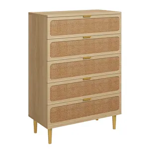 Modern Rattan 5 Drawer Dresser - Large Wooden Chest with Deep Wide Drawers - Spacious Top Storage Cabinet for Bedroom, Hallway, Nursery, Kids Room - Entryway Organizer - Natural Finish