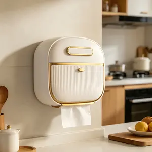Minimalist White & Gold Plastic PVC Wall Mounted Toilet Paper Holder with Storage, No-Drill Waterproof Tissue Dispenser for Bathroom & Bedroom, Easy Installation Bathroom Cleaning and Organizing Gadget