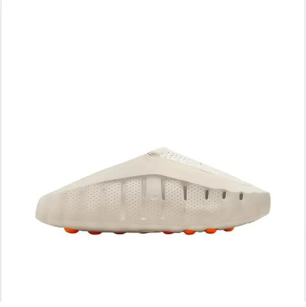 Light Beige Mule Slides, Orange Cushioning Massage Outsole, Perforated Upper, Sports Recovery Tech Slides