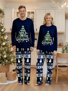 Couple Christmas pajama set, "We wish you a Merry Christmas" tree and snowman prints, festive home wear for holiday parties and family celebrations